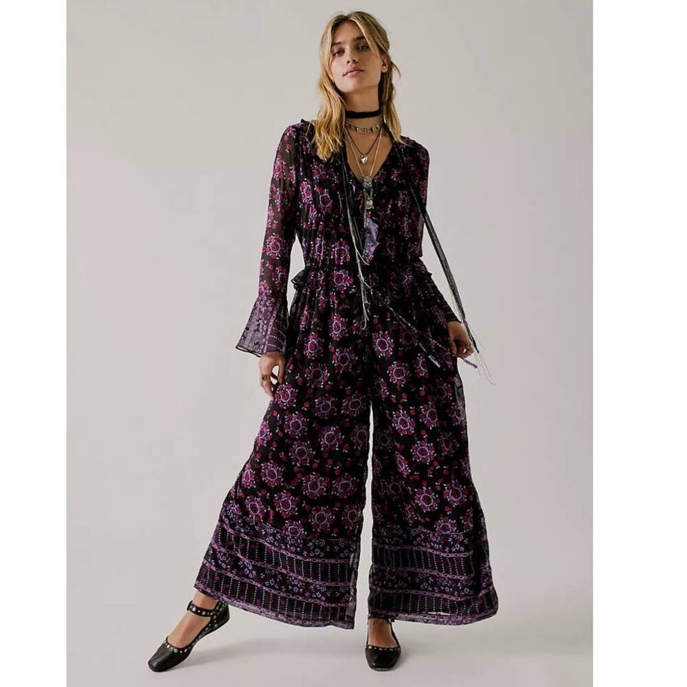 New FP x Anna Sui Cassiel Printed Jumpsuit  $298 LARGE Wide-Leg Floral